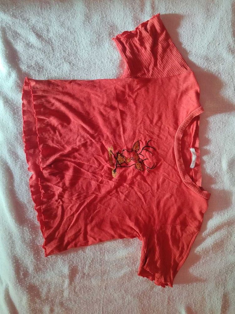 Cute Coral Embroidered Tee