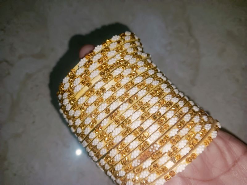 Cream, Golden White Work On Bangles