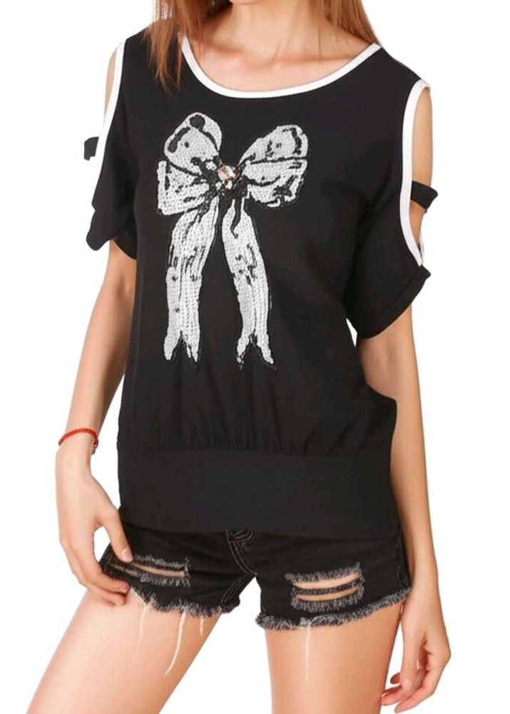 Black Cold Shoulder Bow Tee