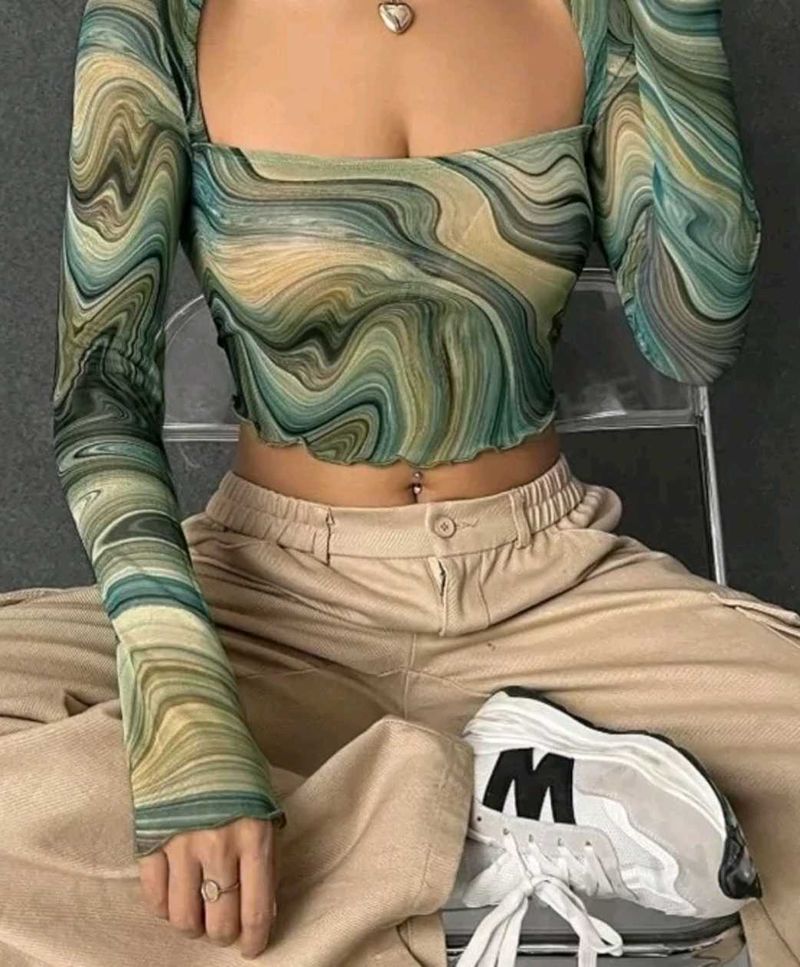 Abstract Print Long Sleeve Crop Top