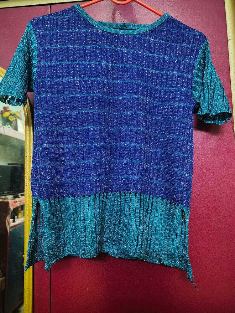 Blue Textured Short Sleeve Top