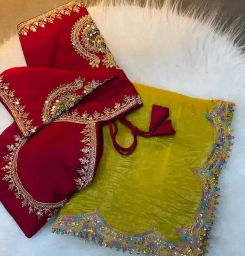 Red &amp; Yellow Embroidered Saree