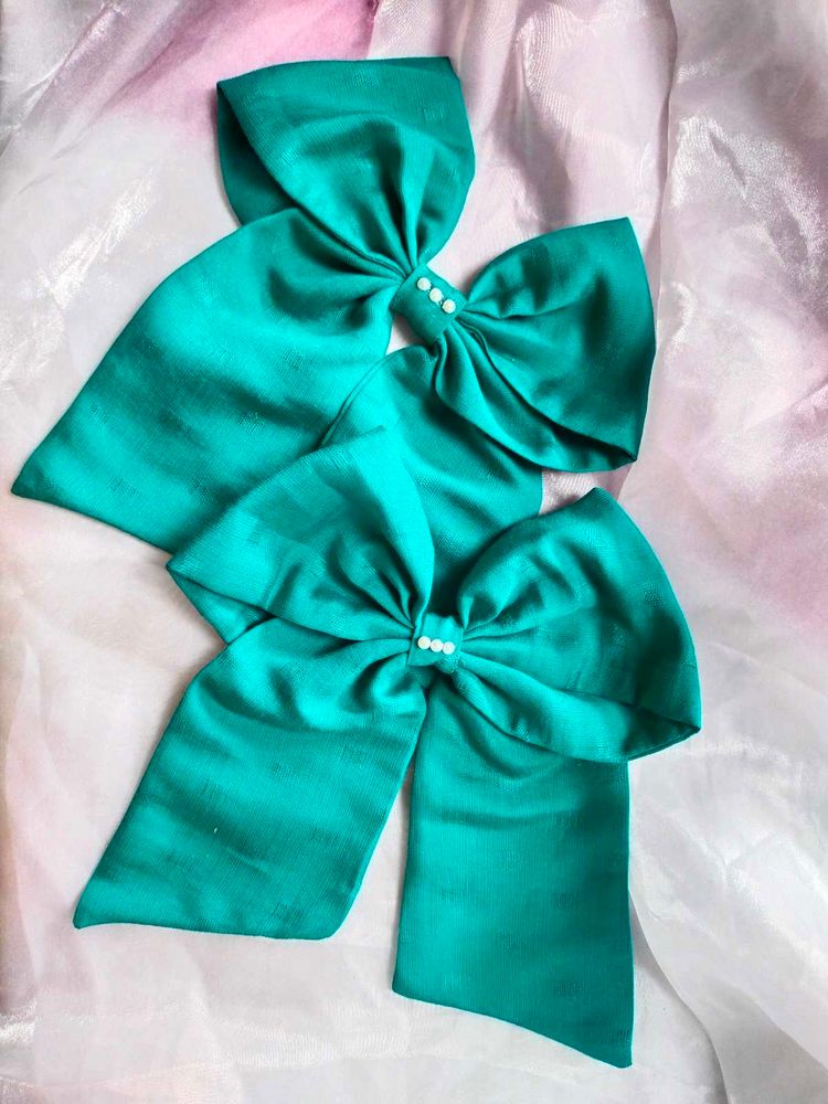 Teal Bow Hair Clips - Set of 2
