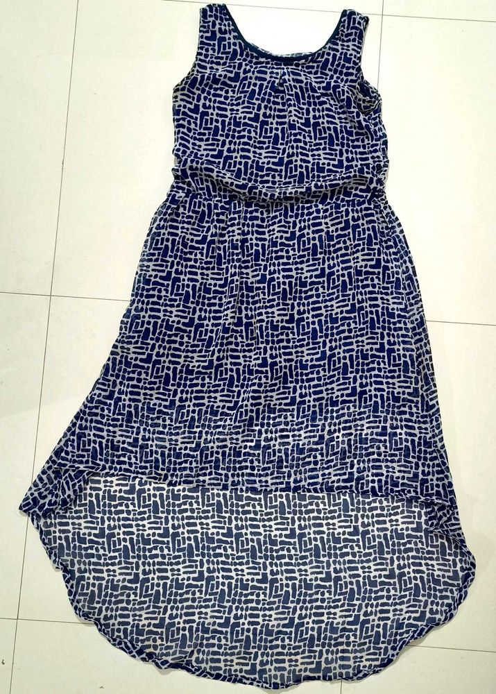 Navy-White Printed Sleeveless Dress