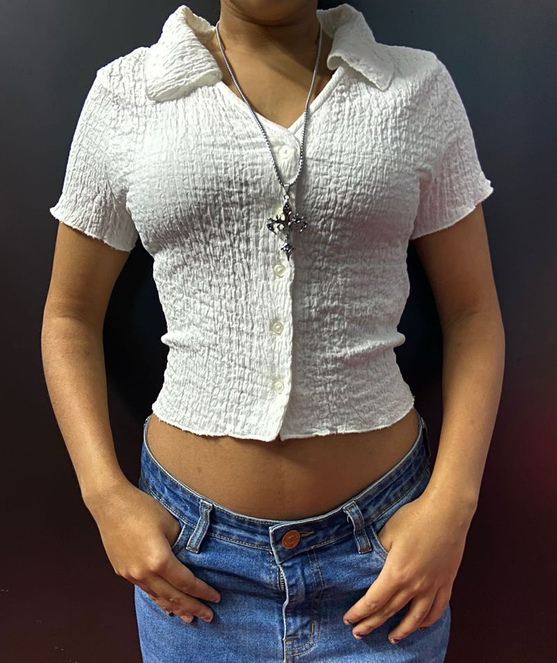 White Textured Crop Top Shirt