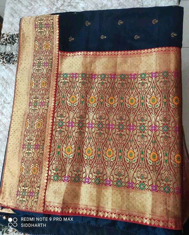 Beautiful Navy Blue Silk Saree With Sirowsky Work