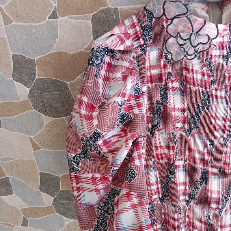 Eclectic Pleated Plaid Floral Mixed Print Top