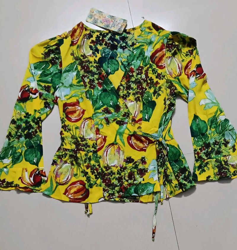 Floral Print Wrap Top with Tie-Up