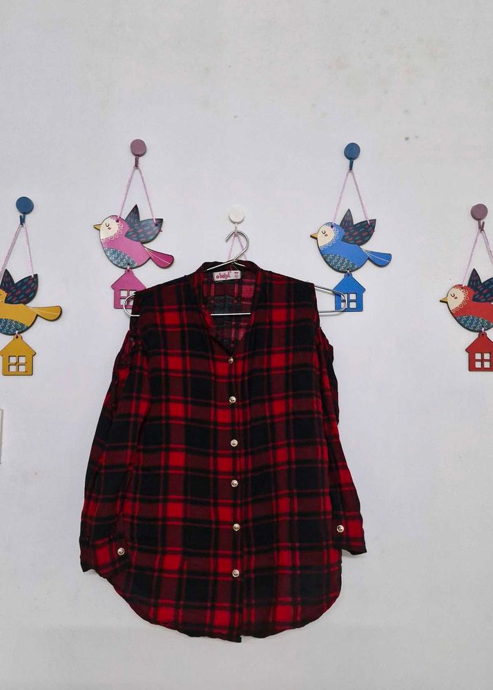 Red Plaid Cold Shoulder Top