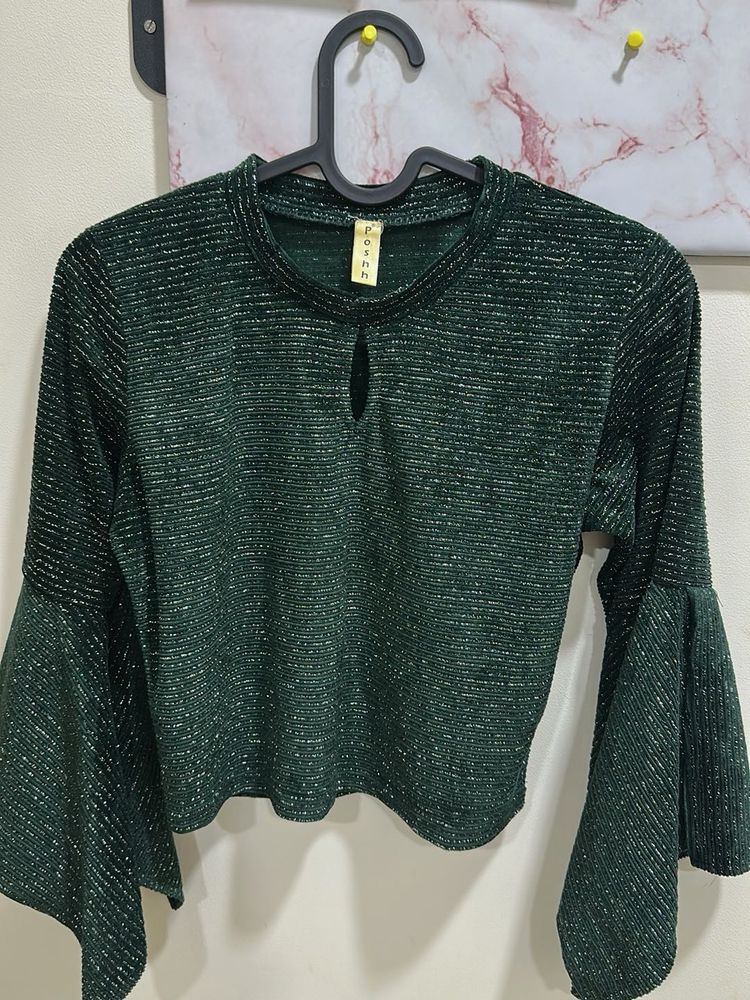 Green Shimmer Bell Sleeve Top
