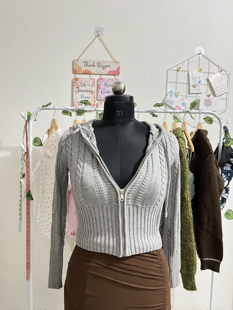 Gray Zip-Up Cable Knit Hoodie