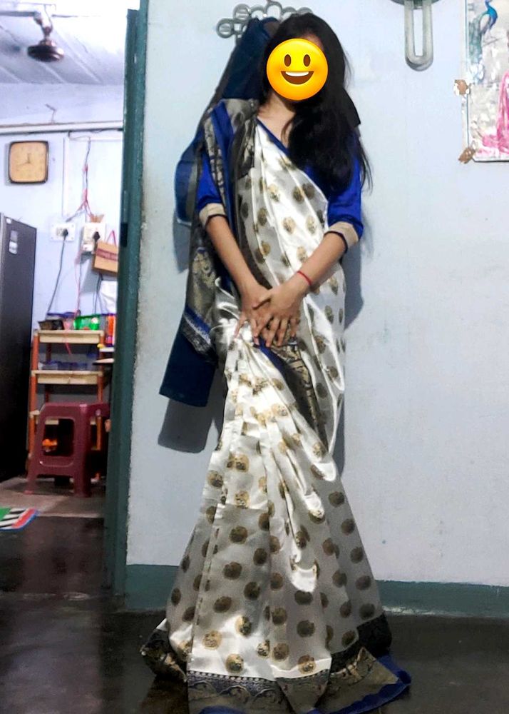 Elegant White Embroidery Saree with Blue Border