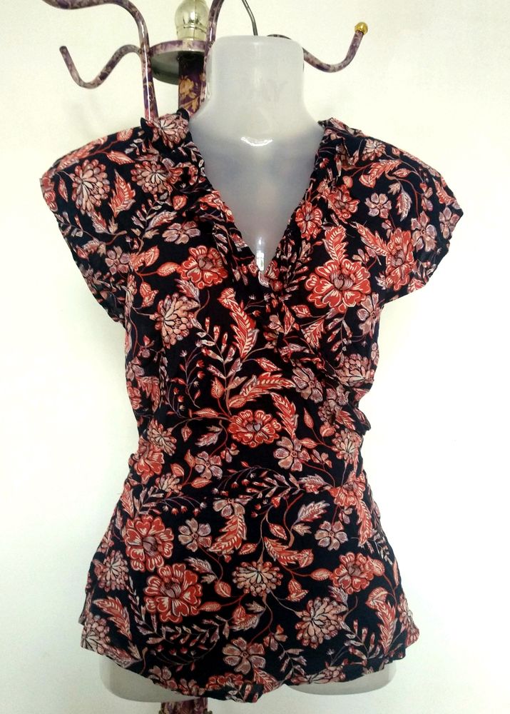 Navy Blue Floral Print Ruffled Wrap Top