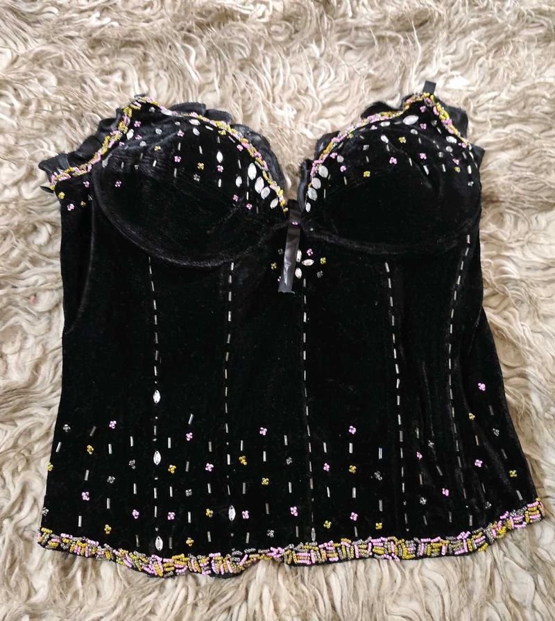 Black Velvet Stone And Sequin detailed Corset