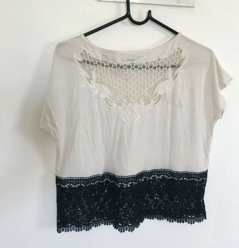 White Crop Top With Black Lace