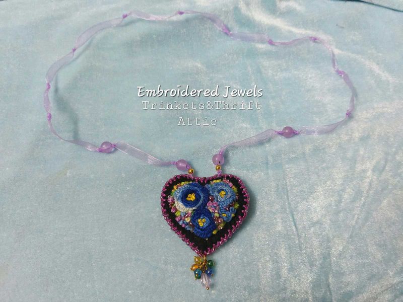 Hand Embroidered Floral Heart Pendant Necklace