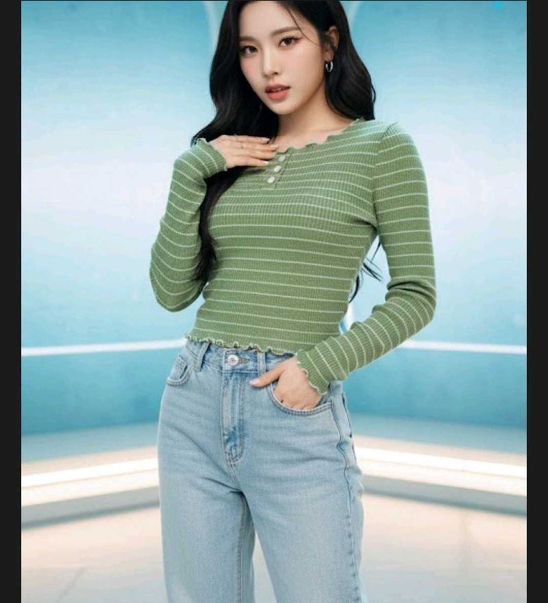 k-pop inspired Green Striped Long Sleeve Top