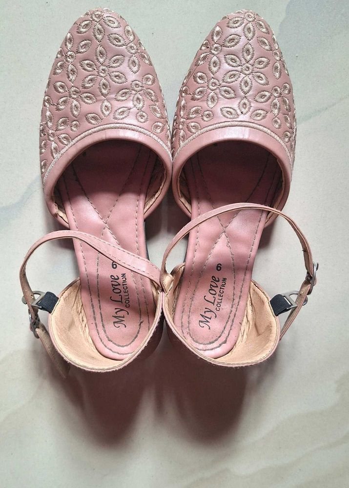 Pink Embroidered Ankle Strap Flats