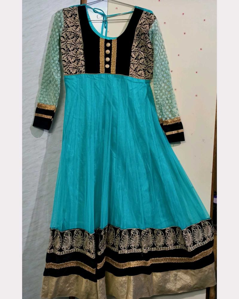 Sky Blue &amp; Gold Velvet Anarkali Dress  🌟