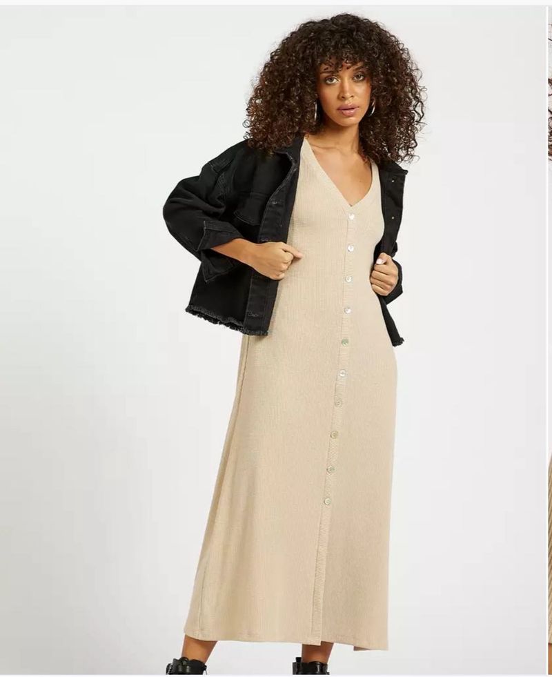Beige Ribbed Shirt Dress