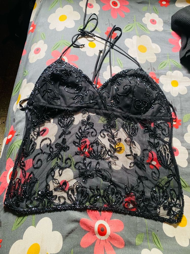 Beaded Black Halter Top