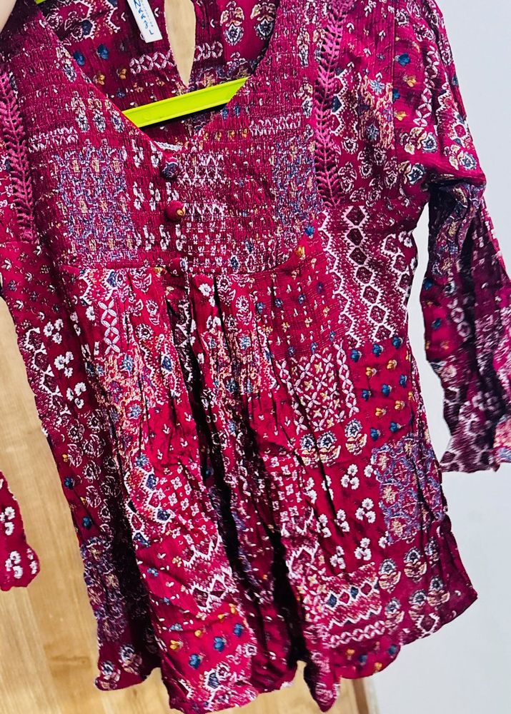 Maroon Bohemian Smocked Tunic Short Kurti
