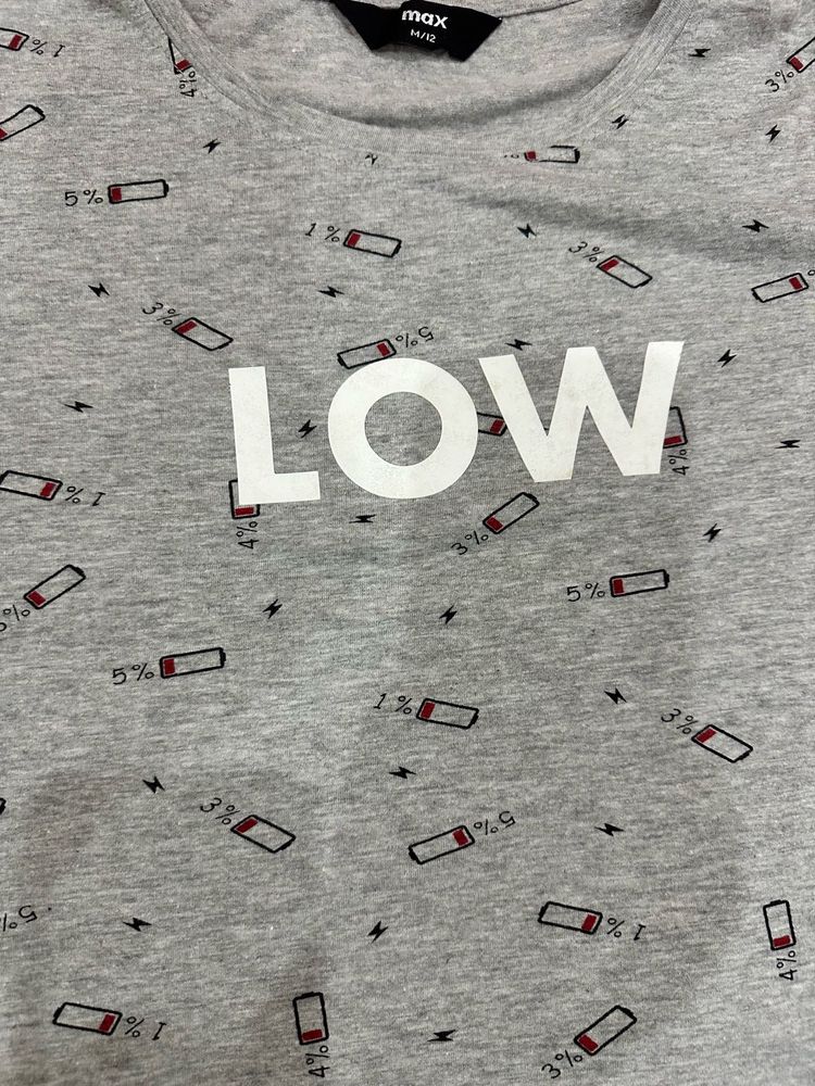 Grey Graphic Printed Crop T-Shirt “LOW Battery”
