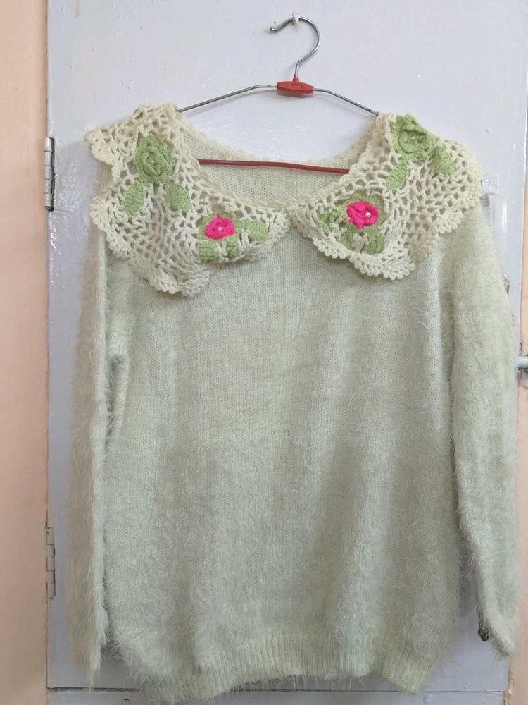 Crochet Collar Fuzzy Sweater