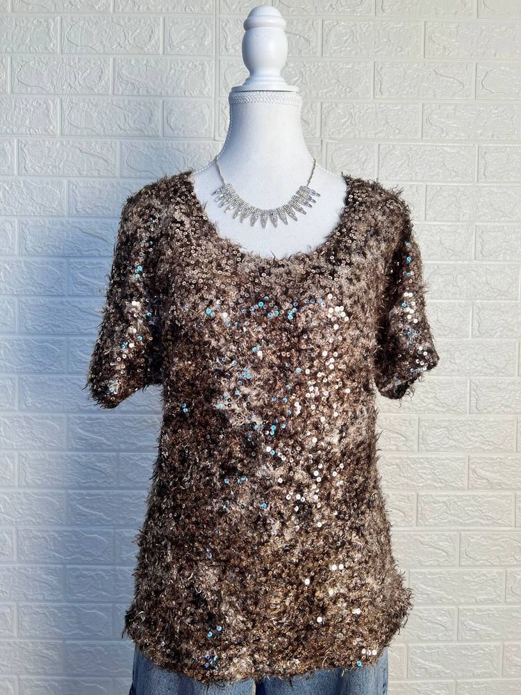 Caramel Brown &amp; Copper Fur Sequin Party Tee