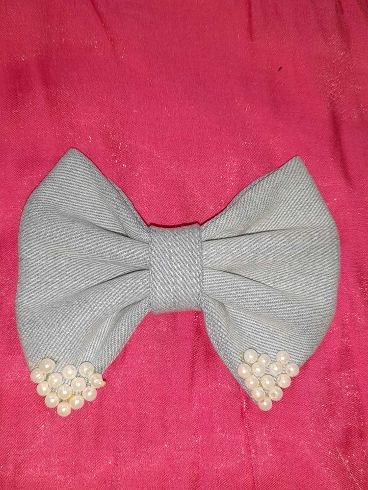 Denim Hair Bow with Pearl Accents