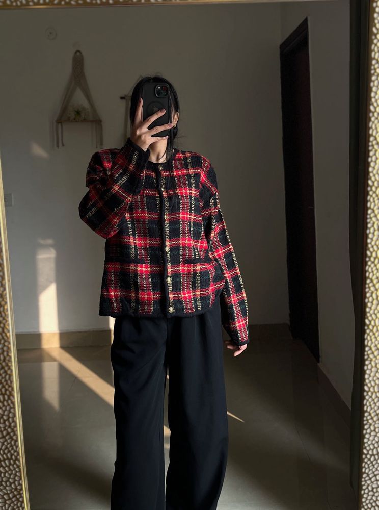 KAREN SCOTT RED CHECKED CARDIGAN