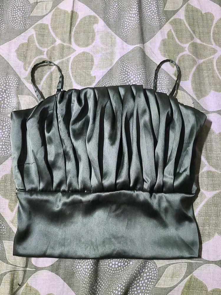 Green Satin Ruched Cami Top