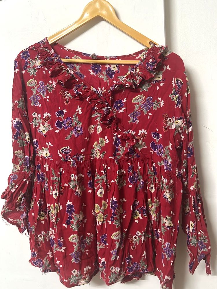 Floral Print Ruffle Blouse