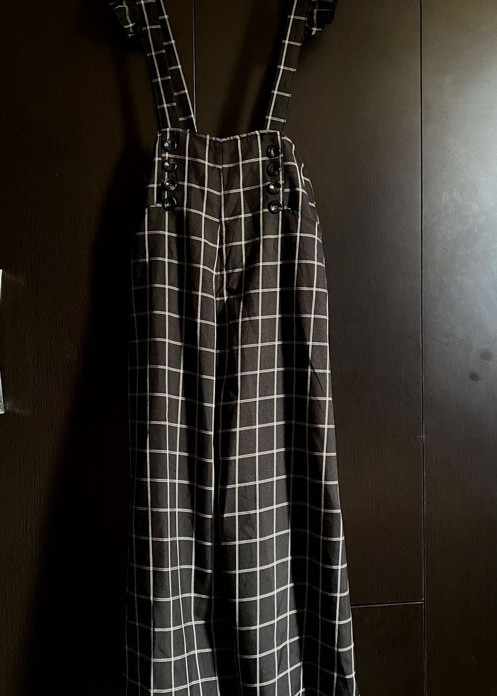 Checkered Suspender Wide-Leg Jumpsuit