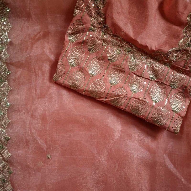 coral pink pure organza silk saree