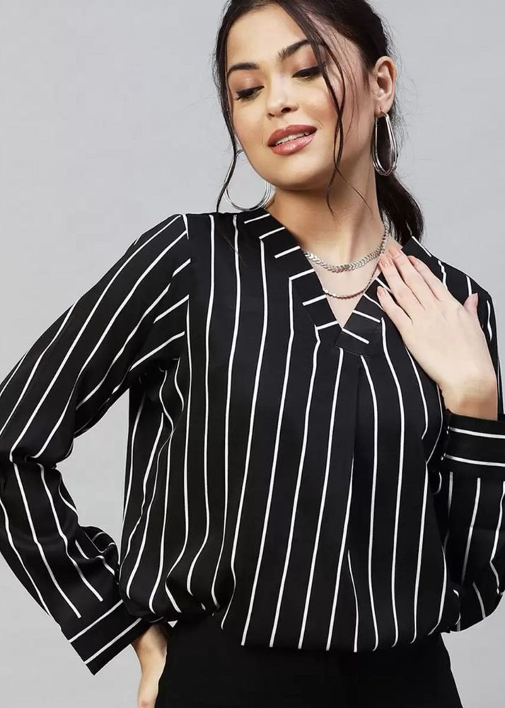 Black &amp; White Vertical Striped V-Neck Shirt Top