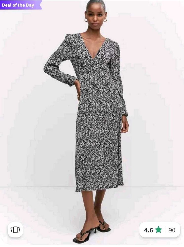 MANGO floral Print Pleated Long Sleeves Midi Dress