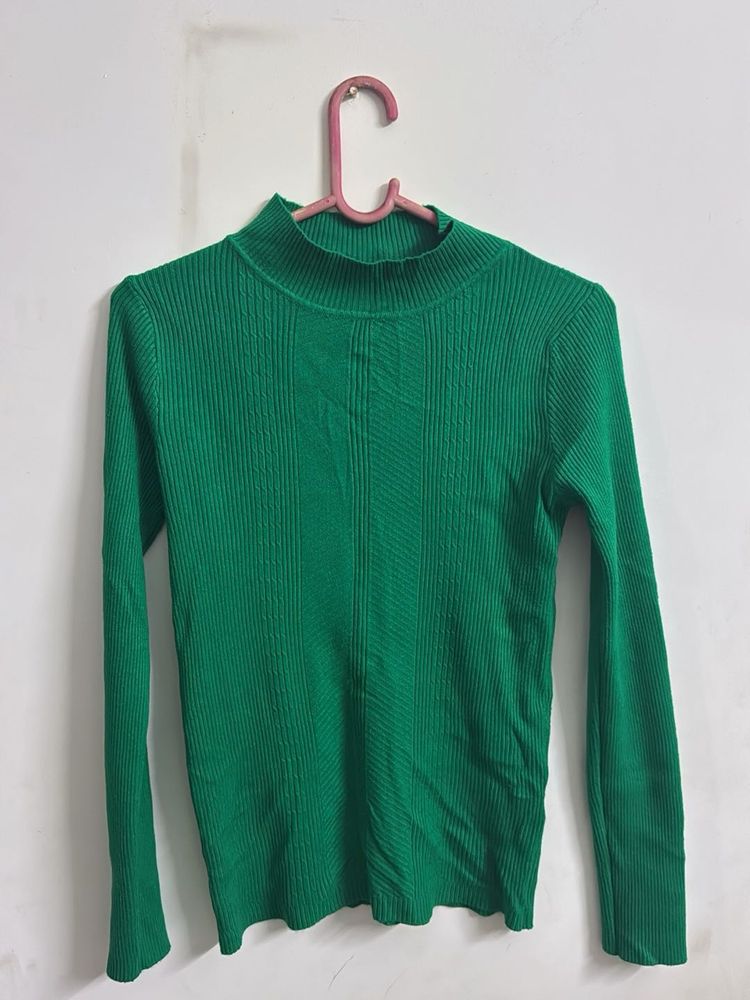 Green Ribbed Turtle Neck Top