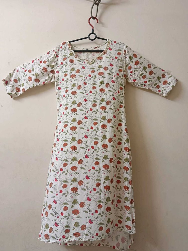 Floral Print White Kurta