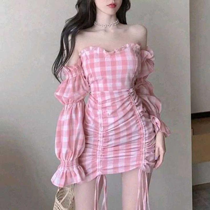 Pink Checkered Off-Shoulder Dress