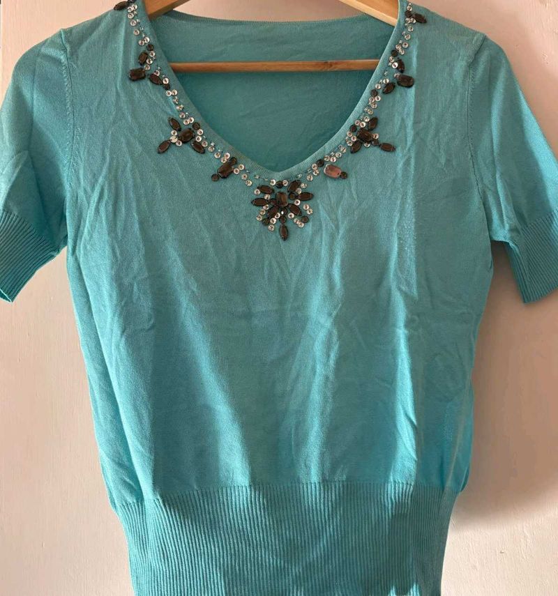 y2k Embellished Blue Knit Top