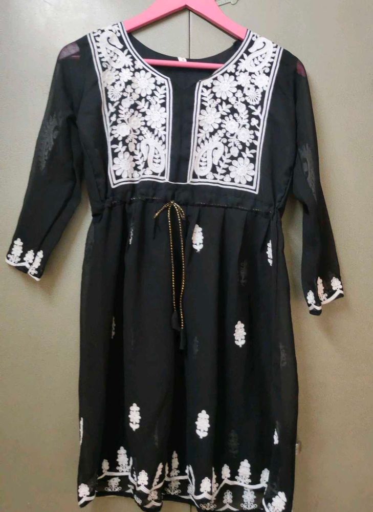 Black Embroidered Boho Tunic Dress Of Size S