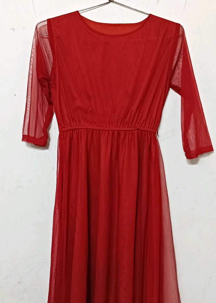 Red Mesh Midi Dress