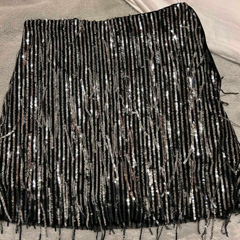 zara Sparkling Sequin Fringe black party Skirt