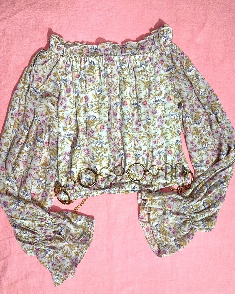 Floral Off-Shoulder Ruffle Sleeve Top