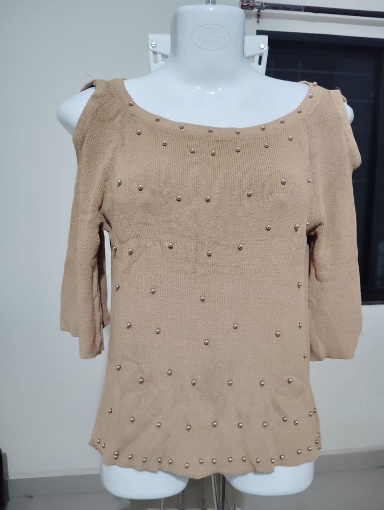 Beige Cold Shoulder Top