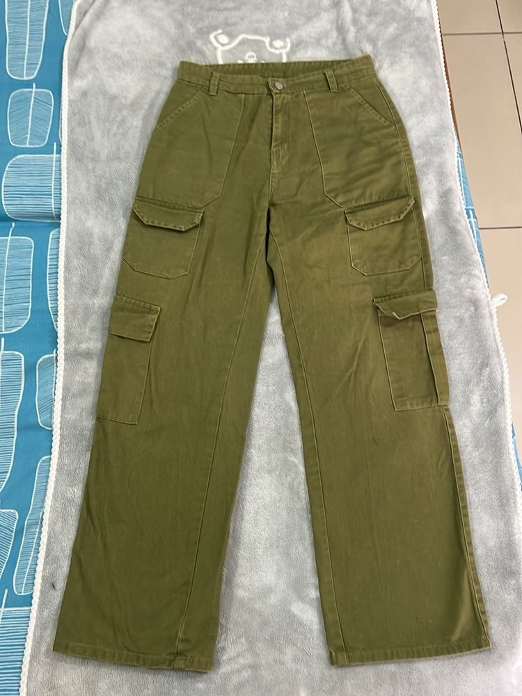 Olive Green Cargo Pants+Wide Leg Blue Denim Pant