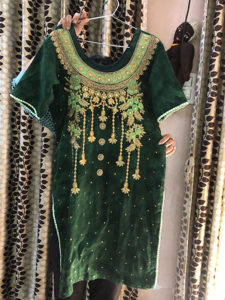 Green Embroidered Velvet Kurti