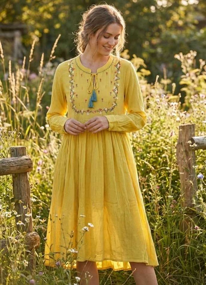 Mustard Yellow Embroidered Empire Dress