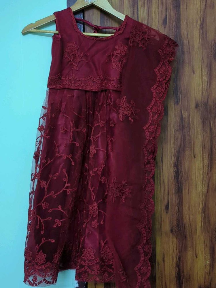 Maroon Embroidered Lehenga Set For Girl